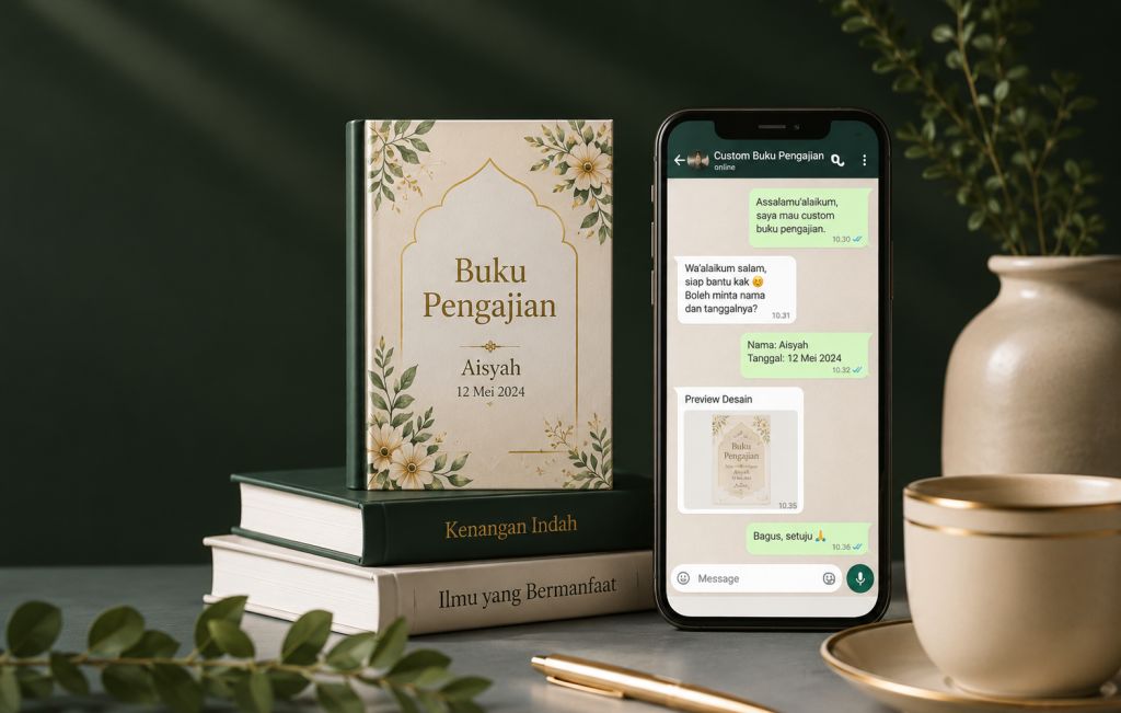Contoh proses custom desain buku pengajian via WhatsApp